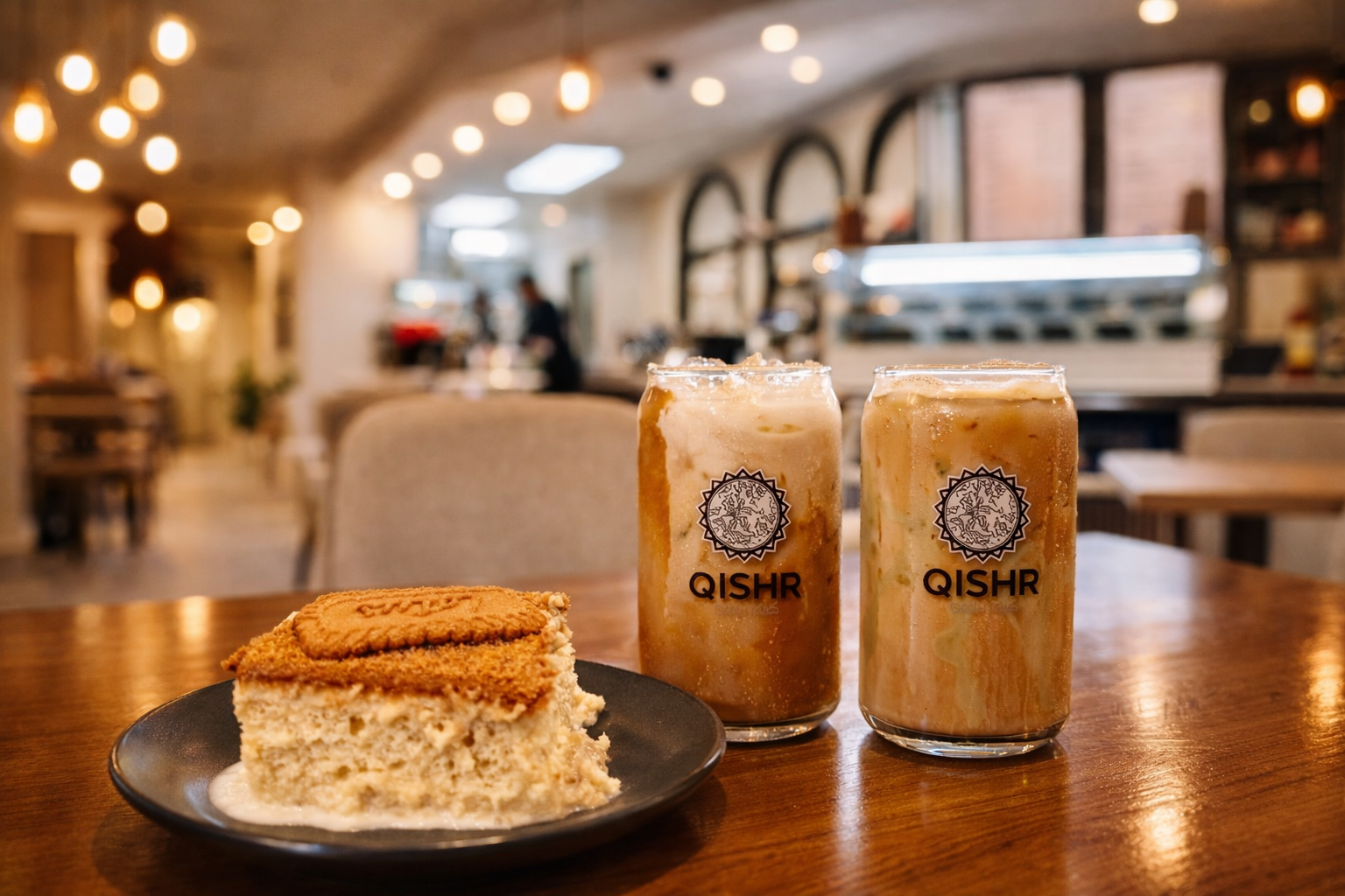 Tiramisu latte and iced Qishr drinks at Qishr Coffee House
